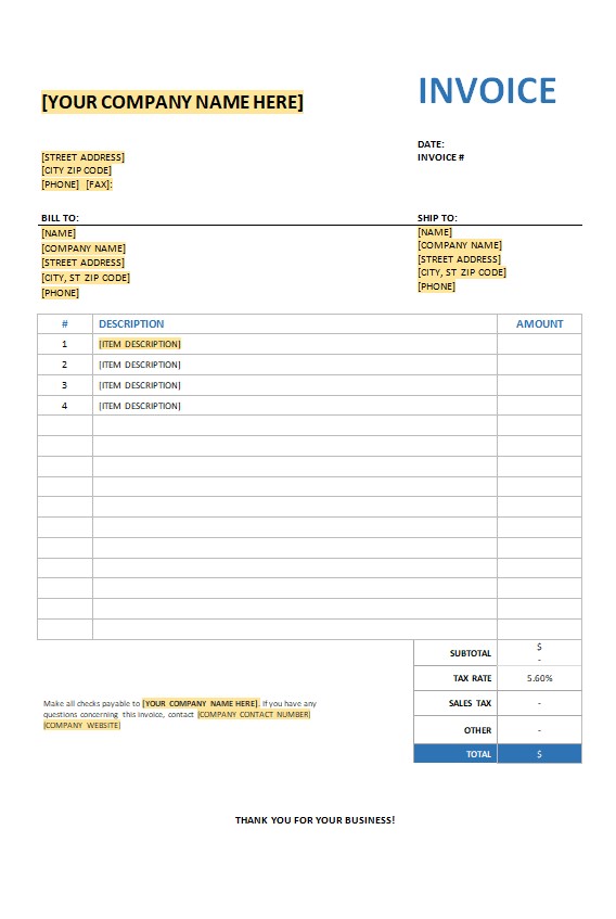 Free Invoice with Sales Tax Template PSD template